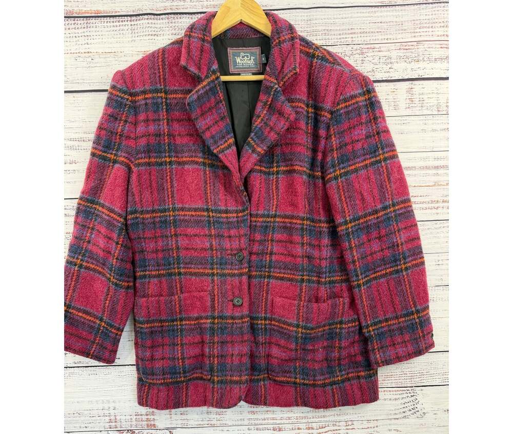 Vintage Woolrich Womens Wool Mohair Plaid Blazer M Raspberry Pink Made in USA